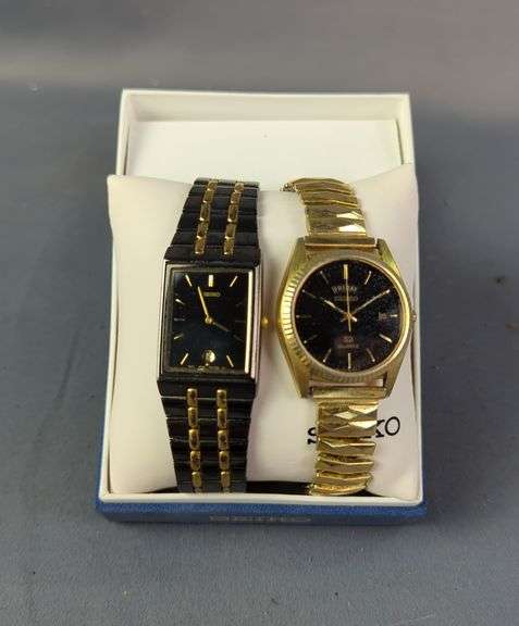Seiko Black Toned Stainless Steel+Base Metal Watch, In Box With Spare Links, And Seiko SQ Gold Toned Base Metal+Stainless Steel Back Watch