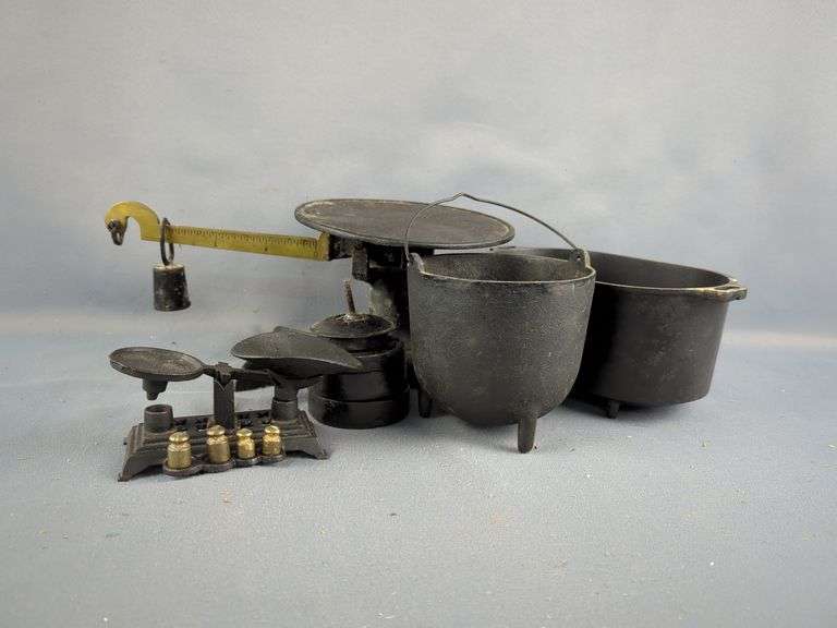 Assorted Scales, Measuring Weights, and Miniature Cast Iron Pots