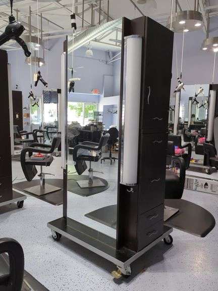 Double Sided Salon Styling Station With Rollout Storage And Power Supply On Casters
