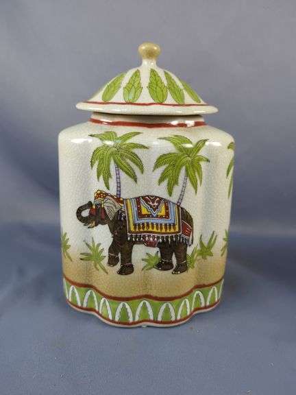 Ceramic Elephant Motif Jar, Planter, and Metal Palm Tree Candlestick - 3 Piece Set