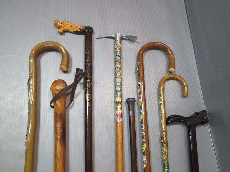 German Walking Stick And Cane Collection With Badges, Qty 5, And Decorative Walking Sticks And Canes, Qty 3