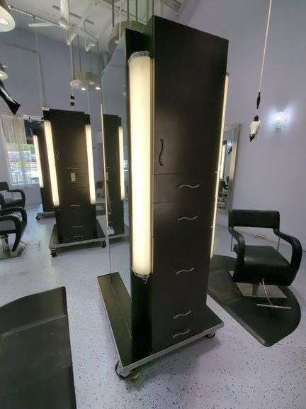 Double Sided Salon Styling Station With Rollout Storage And Power Supply On Casters