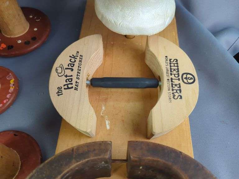 Wood Spools, Various Sizes, Qty 15, Hat Stretchers, Qty 2, And Foam Mannequin Head On Wood Head Stand