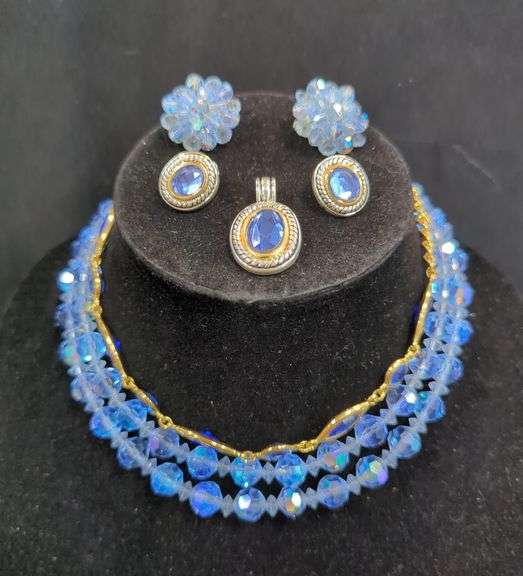 Ladies Vintage Glass Beaded Necklace With Matching Cluster Clip-On Earrings, Gold Toned And Blue Crystal Necklace And Pendant With Earring Set