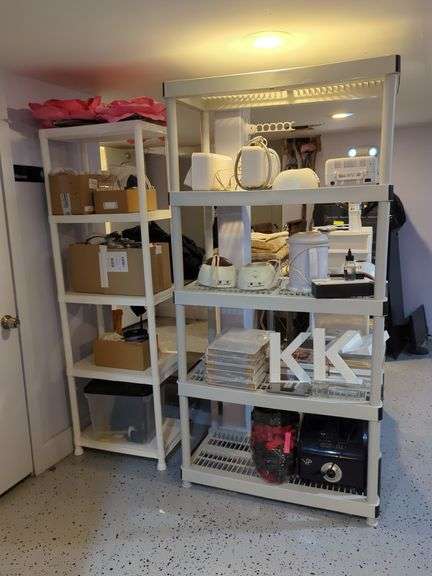 Two Plastic Multi-Tier Shelving Units, Contents NOT Included