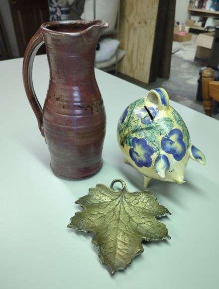 Pottery Pitcher, Handpainted Piggy Bank, and Brass Maple Leaf Tray Set