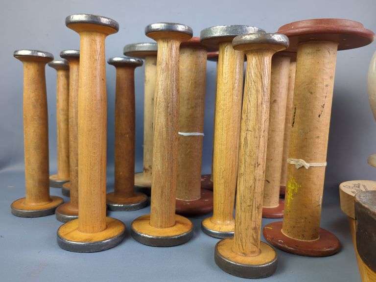 Wood Spools, Various Sizes, Qty 15, Hat Stretchers, Qty 2, And Foam Mannequin Head On Wood Head Stand