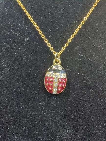 Ladies Gold Tone Sarah Coventry Locket Necklace, Rhinestone Ladybug Pendant with Gold Tone Chain, and Double Link Chain Necklace Total Qty 4