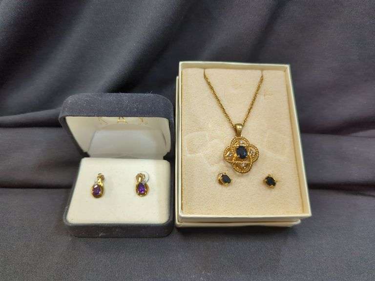 Ladies Pierced Gold Toned Earrings with Purple Stone, Gold Toned Necklace Set with Black and Clear Stones
