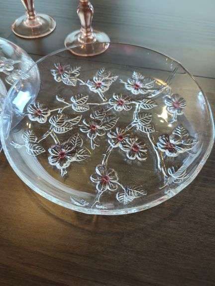 Mikasa Walther Crystal West Germany Glassware Plates, Qty 4 And Blush Wine Stemmed Glasses, Qty 4