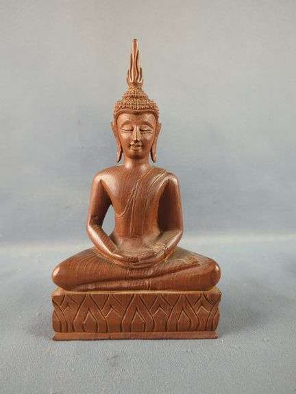Carved Wood Buddha Statue And Floral Canister Set