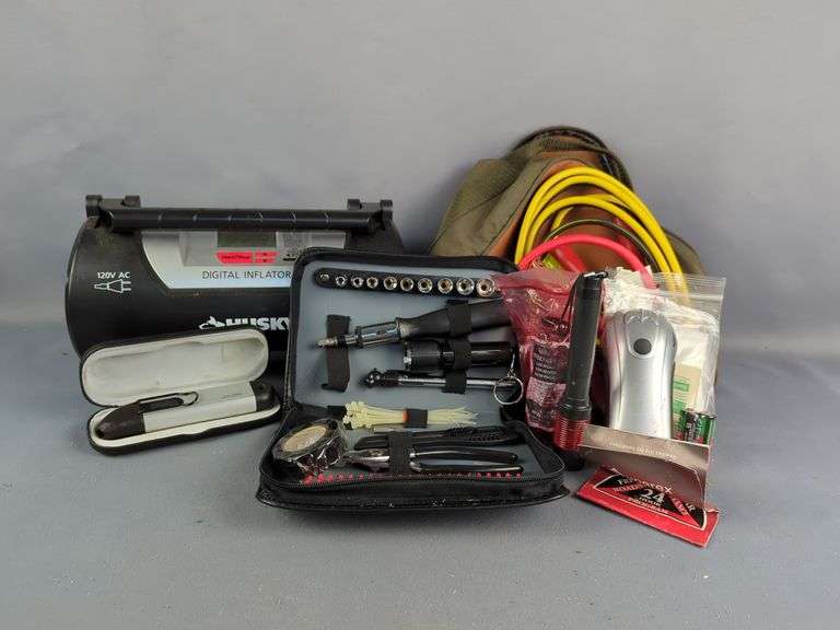 Automotive Emergency Kit with Husky Inflator, Jumper Cables, and More