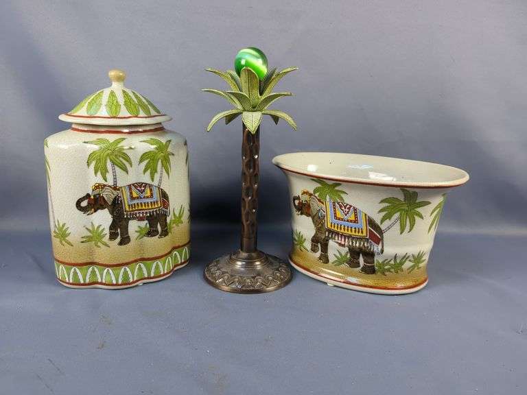 Ceramic Elephant Motif Jar, Planter, and Metal Palm Tree Candlestick - 3 Piece Set