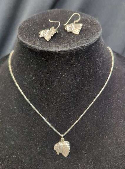 Ladies Sterling Silver Indian Chief Earrings and Necklace