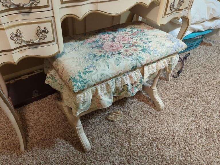Vanity Table with Mirror and Upholstered Floral Stool