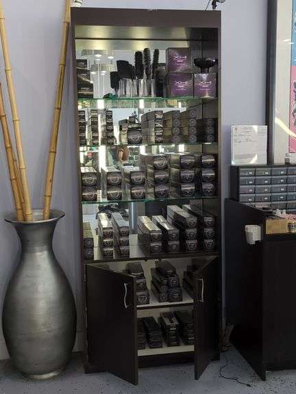 Salon Display Cabinet With Mirrored Back, Glass Shelves And Lower Storage, Contents NOT Included, Thursday Pick Up ONLY