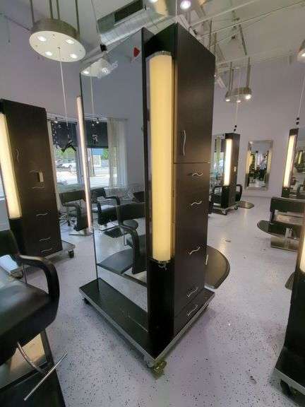 Double Sided Salon Styling Station With Rollout Storage And Power Supply On Casters