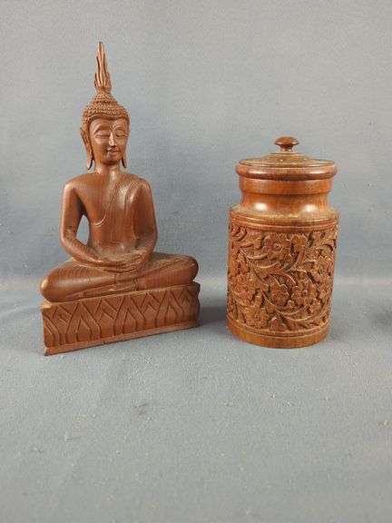 Carved Wood Buddha Statue And Floral Canister Set