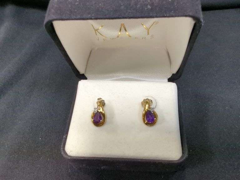 Ladies Pierced Gold Toned Earrings with Purple Stone, Gold Toned Necklace Set with Black and Clear Stones