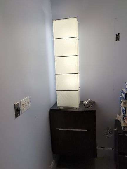Modern Paper Tall Floor Lamp And Floating Cabinet, Bidder Responsible For Proper Removal,  Cabinets are Mounted To Wall.                                                                                                                                                                                                                                                                                                                                                                                                                                                                                                                                                                                                                                                                                                                                                                                                                                                                                                                