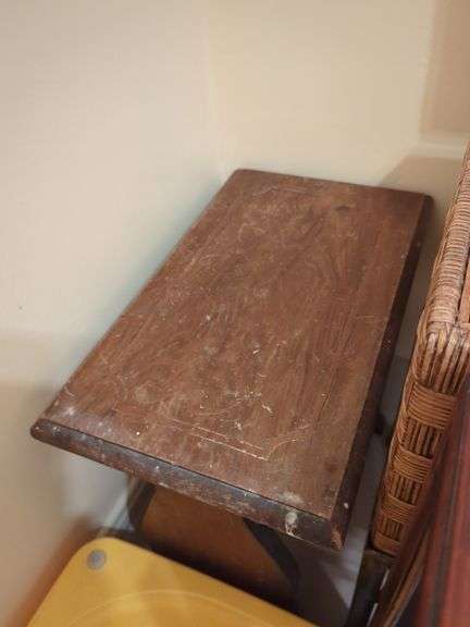 Wicker Storage Chest, Wooden Stools, and Wicker Stool