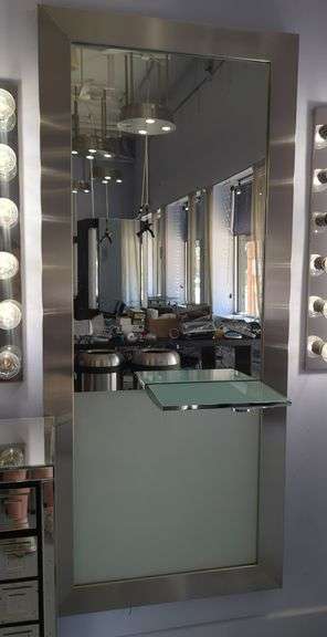 Full Length Brushed Metal Framed Mirror With Attached Mirrored Shelf/Tray