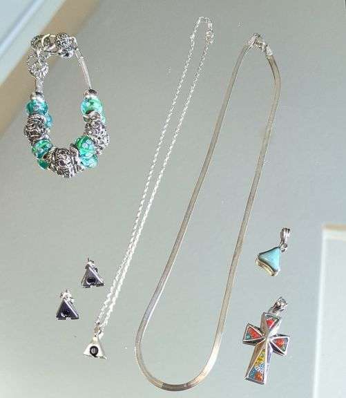 Sterling Silver Jewelry Including Pendants, Qty 2 And Earrings And Brighton Charm Bracelet, Murano Style Cross Pendant, Earrings And More