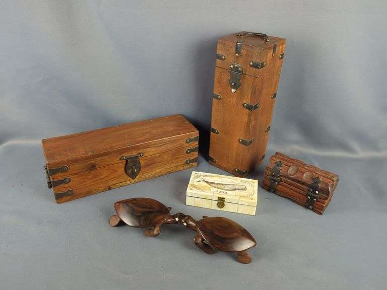 Wooden Boxes & Turtle Carving Grouping