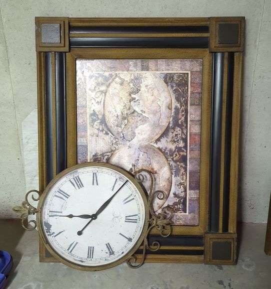 Framed Globe Print and Decorative Clock
