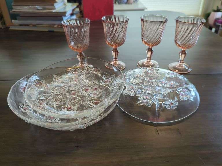 Mikasa Walther Crystal West Germany Glassware Plates, Qty 4 And Blush Wine Stemmed Glasses, Qty 4