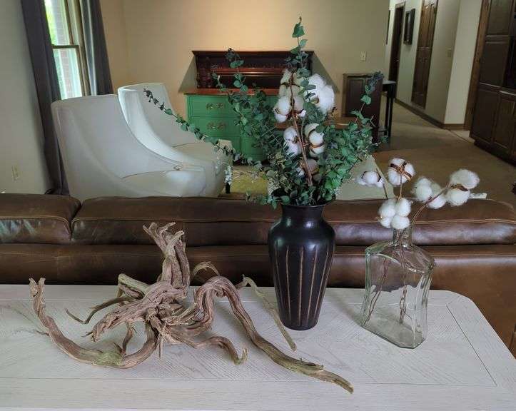 Decorative Vases with Dried Floral Arrangements and Driftwood