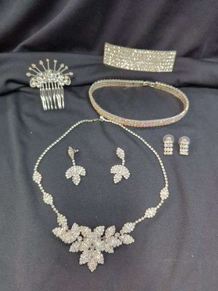 Ladies Rhinestone Costume Jewelry Including Necklaces, Earrings, Hair Comb , And More