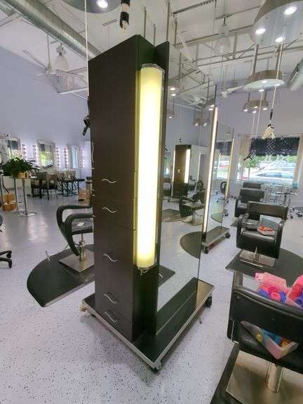 Double Sided Salon Styling Station With Rollout Storage And Power Supply On Casters