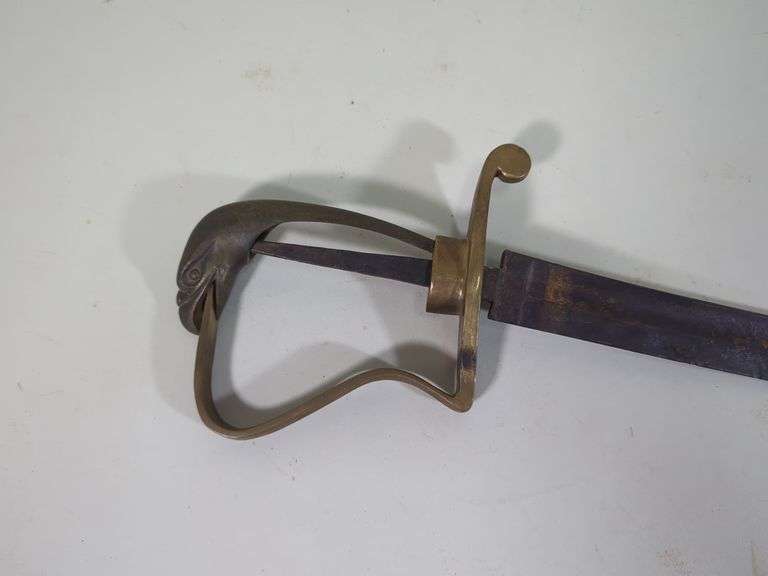 Antique Sword, Brass Guard With Eagle Head Design, Some Embossing On 29.5" Blade, No Grip, Guard Detaches From Blade
