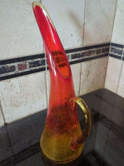 Blown Glass Pitcher, 13" and Iridescent Glass Vase