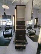 Double Sided Salon Styling Station With Rollout Storage And Power Supply On Casters