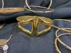 Ladies Gold Tone Bangle Bracelets, Qty 14, Cuff Bracelets, Qty 2 And Childs Charm Bracelet