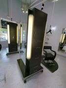 Double Sided Salon Styling Station With Rollout Storage And Power Supply On Casters