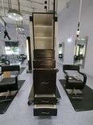 Double Sided Salon Styling Station With Rollout Storage And Power Supply On Casters