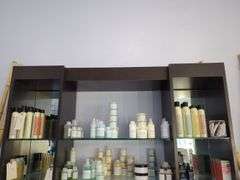 Salon 3-Section Display Cabinet With Mirrored Back, Glass Shelves And Lower Storage, Contents NOT Included, Friday Pick Up ONLY
