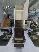Double Sided Salon Styling Station With Rollout Storage And Power Supply On Casters