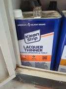 Lot of Klean Strip Lacquer Thinner, Mineral Spirits, Transmission Fluid, Coolant, Bar & Chain Oil, Heater Fuel, and Titebond II Premium Wood Glue, Contents Of Shelf