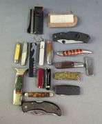 Folding Knife And Pocket Knife Collection, Various Brands And Styles, One Is Branded Barlow, Total Qty 17, And Whetstone