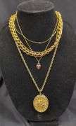 Ladies Gold Tone Sarah Coventry Locket Necklace, Rhinestone Ladybug Pendant with Gold Tone Chain, and Double Link Chain Necklace Total Qty 4