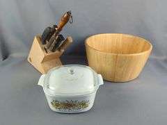 CorningWare Casserole Dish, Knife Set with Block, and Wooden Bowl