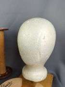 Wood Spools, Various Sizes, Qty 15, Hat Stretchers, Qty 2, And Foam Mannequin Head On Wood Head Stand