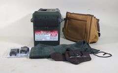 MTM Case Gard Ammo Can, Leopold Scope Rings, Leather Holster, Allen Shell Bag, And Long Arm Gun Sock