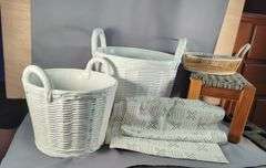 Ceramic Flower Pots, Qty 2, 12" x12 1/2" And 16" x 16", Woven Basket 6" x 10 1/2", Footstool 9 1/2" x 16" x 10", And Runner, 16 1/2" x 78"