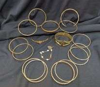 Ladies Gold Tone Bangle Bracelets, Qty 14, Cuff Bracelets, Qty 2 And Childs Charm Bracelet