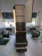 Double Sided Salon Styling Station With Rollout Storage And Power Supply On Casters